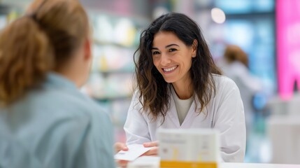 Smiling woman pharmacist consulting customer at pharmacy counter  