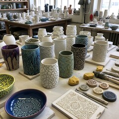 Handcrafted pottery in workshop setting showcasing artisanal creations