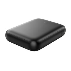 A sleek black portable power bank with a simple design and a single button on the side.