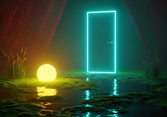 Illuminated threshold fantasy, glowing orbs amidst watery, ethereal landscapes