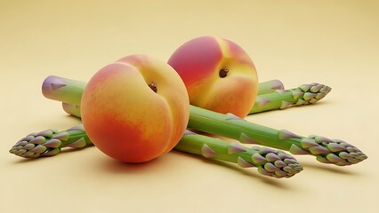 Luscious peaches nestled among fresh green asparagus stalks delight