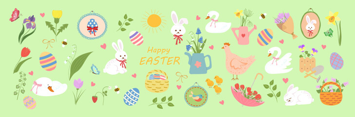 Happy Easter Spring Set with rabbits, eggs, flowers, swans. Cottagecore Pastel seasonal design for greeting cards, kids products, packaging, social media, festive decor.  Spring stickers  © loli