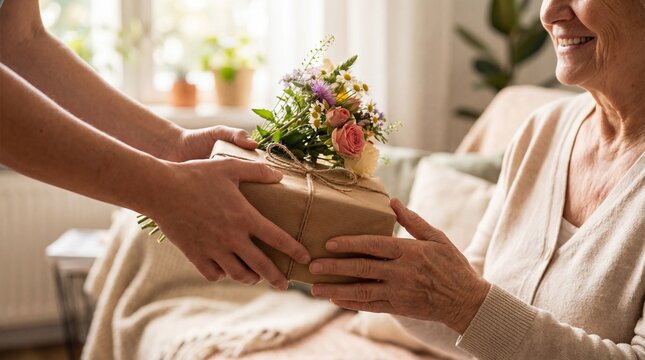 Happy senior woman receiving a thoughtful gift with flowers.