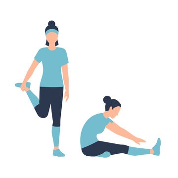 Woman stretching legs: quad stretch standing and hamstring stretch sitting