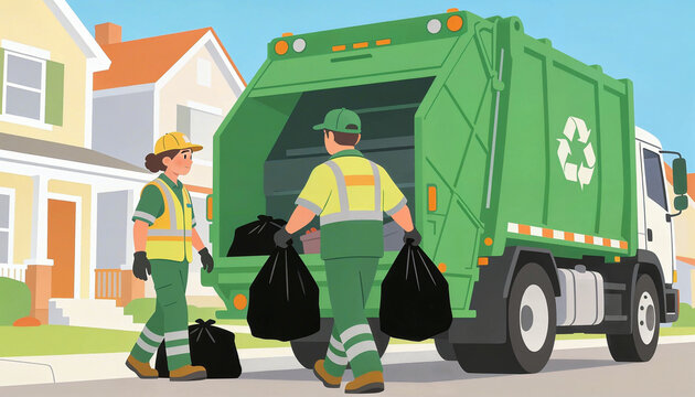 Flat vector illustration of sanitation workers loading trash bags into a green garbage truck in a suburban neighborhood.