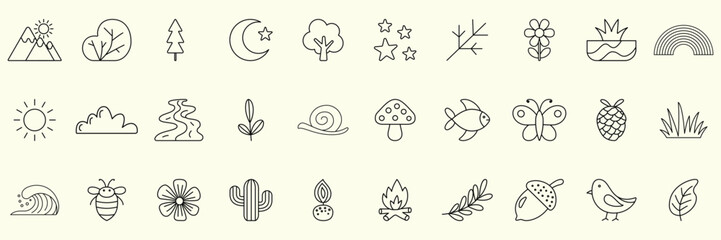 Nature outline icons set with sun cloud mountain tree © Orbillo