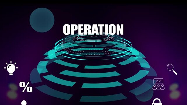 Business operation and workflow management concept with digital glowing circular interface and icons, strategic execution and corporate process optimization background