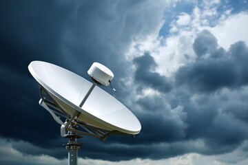 Satellite Dish Against Dramatic Stormy Sky Before Impending Weather Impact