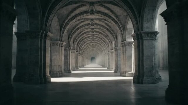 Ancient Stone Corridor Arches Endless Perspective Dramatic Light Rays Architectural Grandeur
