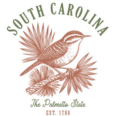 Obraz premium Vintage South Carolina illustration featuring detailed palmetto tree branch and Carolina wren with classic Palmetto State typography. Retro style vector