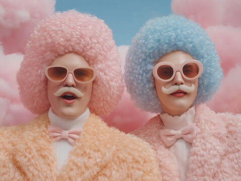 Surreal pastel fashion duo in fluffy coats and wigs posing together in a dreamy cloudscape evoking theatrical costume and playful identity