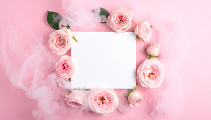 Abundant Pink Roses and Smoke Swirls Surround Blank White Card Keywords: pink roses, rosebuds