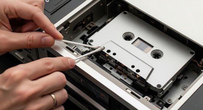 Close-up of hands cleaning vintage cassette player with q-tips, highlighting attention to detail and maintenance of retro audio equipment