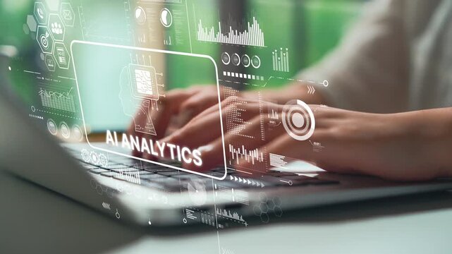 Close-Up of Hands Typing on Laptop with Data Analytics Visualization Elements and Graphs in Modern Office Environment. Asymptotic smart data analytic.