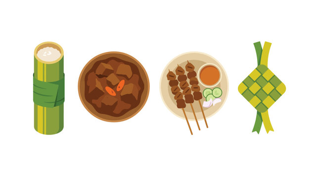 Malay Indonesian Traditional Eid Food Icon Set, Lemang Rendang Satay Ketupat Collection Illustration