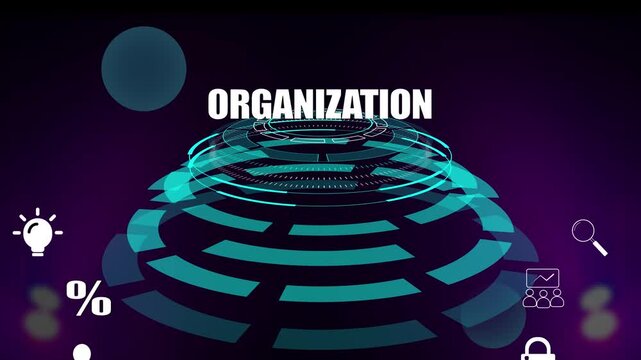 Modern organizational framework for business efficiency and leadership with high tech digital interface, glowing circles and hierarchy icons for strategic company alignment