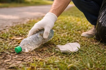 Close-up of gloved hand picking up dirty plastic bottle from grass in city park personal environmental cleanup action soft daylight realistic natural scene