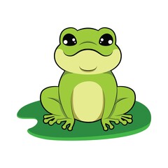 Obraz premium A cheerful green frog sitting on a lily pad in a pond.