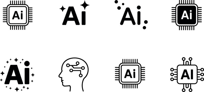 Set of professional black and white artificial intelligence icons featuring processor chips, neural networks, human brain circuits, and sparkling AI typography for modern technology design.