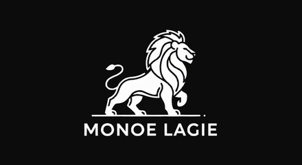 Stylized white lion logo on black background with text. © Abi