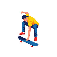 Obraz premium Young man performing skateboard trick, mid-air jump, extreme sports, urban lifestyle, dynamic action