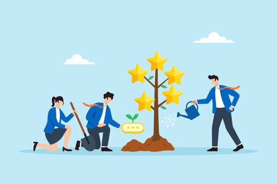 Flat illustration of business team planting feedback seed and growing five star rating tree for service improvement and customer engagement