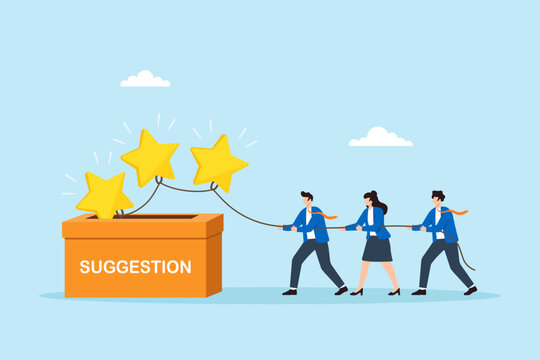 Flat illustration of business team pulling feedback star from suggestion box using rope for collaborative performance review improvement