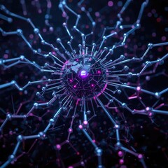 Obraz premium Glowing sphere surrounded by connected wires, intricate structure, digital art. Dark background, vibrant neon colors