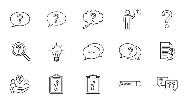 Question marks ideas and a person thinking linear silhouette