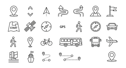 Travel and navigation icons in a linear style silhouette