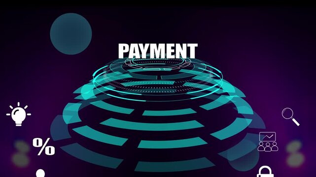 Modern payment processing framework for secure business transactions with high tech digital interface, glowing circles and money icons for strategic financial alignment