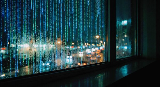 Cyber Rain: Binary Code Falling on Windowpane at Night