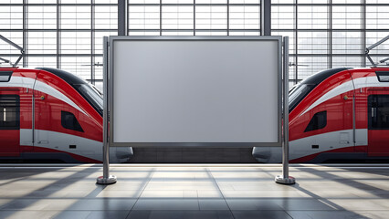 a blank rectangular billboard at a train station