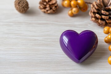 Purple Heart on Light Wooden Surface with Pine Cones and Berries