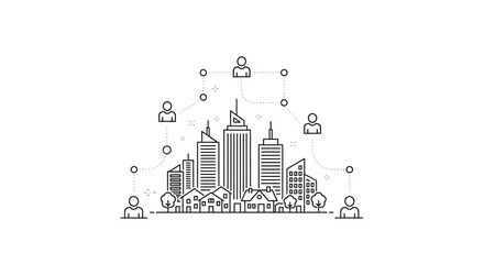 Obraz premium Connected city landscape with people modern linear design silhouette