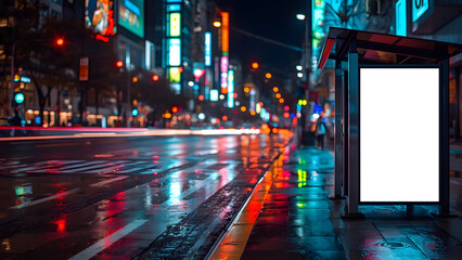 A bustling nighttime city scene colorful light. A bus stop with a digital ad screen.