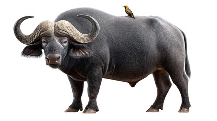 Obraz premium Majestic Cape Buffalo and Bird: A powerful Cape buffalo stands in its full glory, a small bird perched atop its back, creating a scene of nature's partnership. Captured in stunning detail.