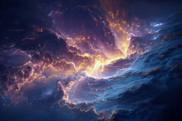 Fototapeta premium Colorful turbulent energy waves collide with powerful lightning in dramatic sky clouds