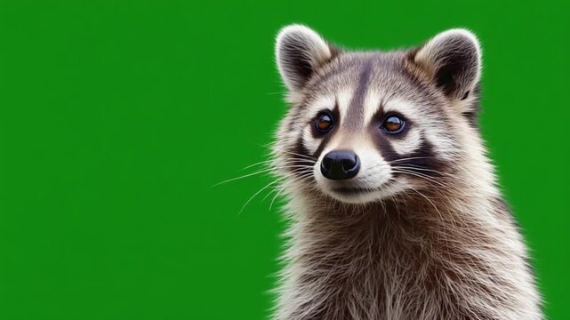 Cute raccoon with curious expression on green background