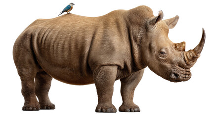 Obraz premium Rhino and Bird: A majestic rhinoceros stands proudly, with a small bird perched atop its back, in a harmonious display of nature's balance. 