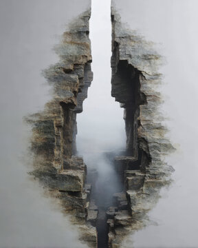 Surreal split cliff drifting apart in two halves with dramatic watercolor effect