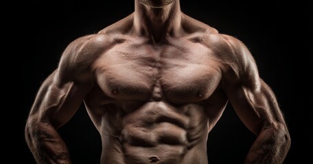 Obraz premium Strong Muscular Bodybuilder Portrait with Defined Physique Against Dark Background