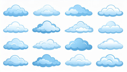 Collection of blue clouds with white highlights on a white background weather symbol
