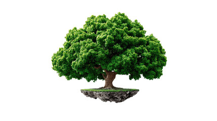 Obraz premium Floating Emerald: An isolated tree with vibrant green foliage, seemingly suspended mid-air on a small plot of earth, symbolizes growth and the nurturing of life.