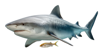 Obraz premium Shark Domination: A large, formidable shark, the apex predator of the ocean, dwarfs a smaller fish, symbolizing the power dynamics of the marine world.