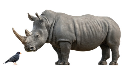 Obraz premium Rhino and Bird: A striking portrait showcases the majestic rhino and a small bird interacting, highlighting the contrast in size and the unique bond between species.