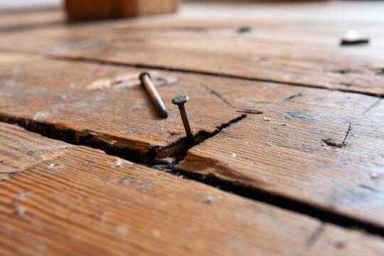 Protruding Nail on Wooden Floorboard Stage Surface Ready for Performance