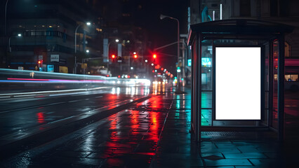 A bustling nighttime city scene colorful light. A bus stop with a digital ad screen.