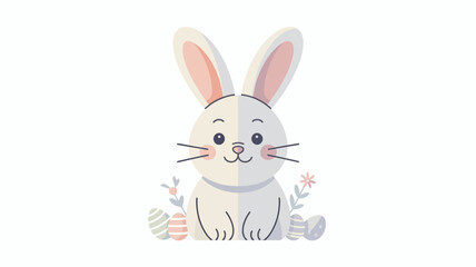 Obraz premium Cute white rabbit sitting with flowers and Easter eggs isolated on transparent background