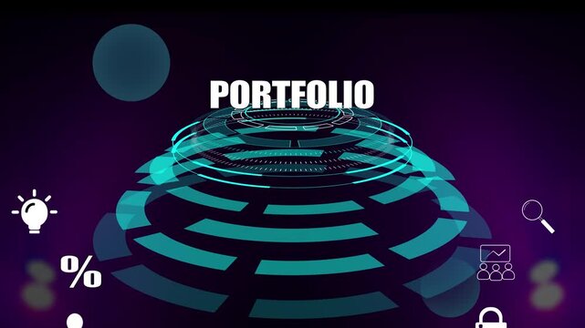 Business portfolio management and investment diversification concept with digital glowing circular interface and icons, strategic asset allocation background for growth
